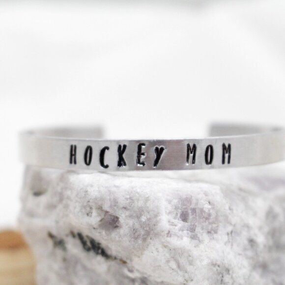 Hockey Mom - Hand Stamped Anodized Aluminum Bangle - Adjustable - Picture 3 of 11